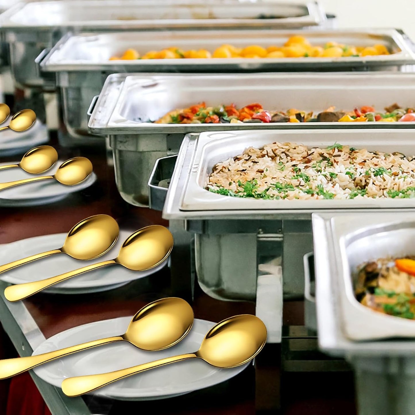 Stainless Steel Serving Spoons Set, 8pc, 10-Inch, Includes 8 Large Spoons, for Parties/Kitchen/Buffet/Catering, Dishwasher Safe, Gold