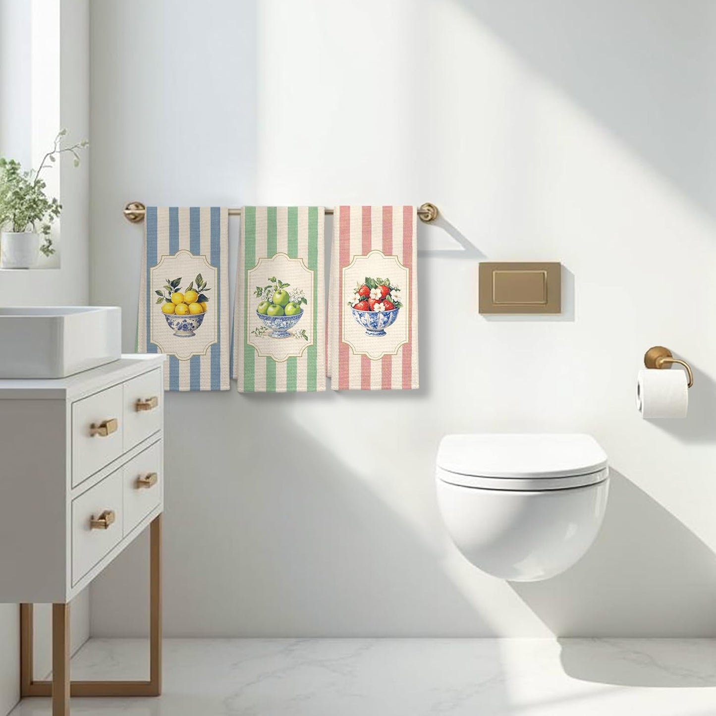 Chinoiserie Floral Fruit Kitchen Towels Set of 3, Retro Striped Lemon Apple Strawberry Dish Tea Towels for Kitchen Decor, Fruit Lover Gifts Decorative Hand Towel, 16x24 Inch