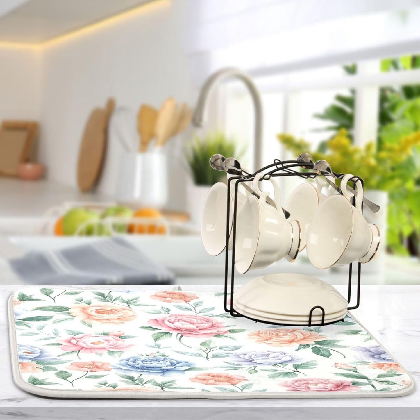 Watercolor Floral Peonies and Roses Dish Drying Mat for Kitchen Counter Super Absorbent Dishes Pad Reversible Microfiber Protector Dish Draining Mats 16x18 inch