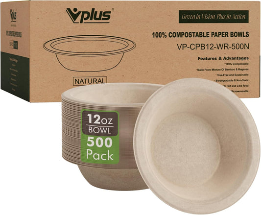 Vplus 500 Pack 12 OZ Paper Bowls Bulk, Disposable Compostable, Eco-friendly Bagasse, Heavy-duty Bowls Perfect for Milk Cereals, Snacks, Salads Nature