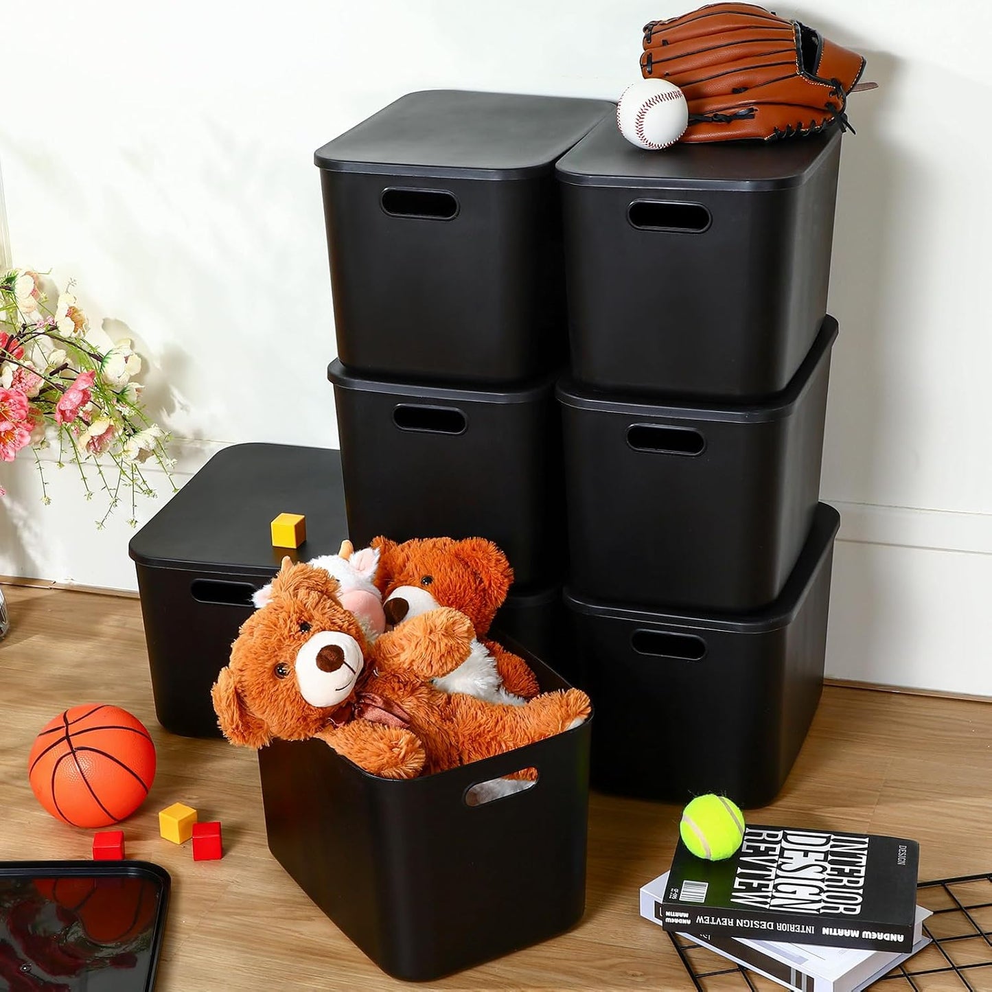 Hoolerry 8 Pieces Colorful Storage Bins with Lid, Plastic Storage Basket Organizing Container Stackable Box with Handle for Shelves Desktop Playroom Office(14.2 x 10.2 x 9.5 Inch,Black)
