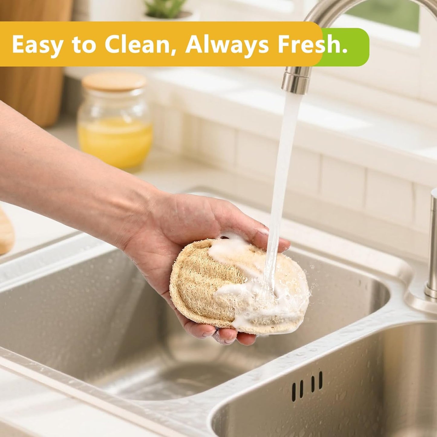 Natural Scrub Sponges Kitchen, Dual-Sided Loofah Dish Sponge - Plastic-Free, Scrubbing Power Without Scratching - 4 Pack White