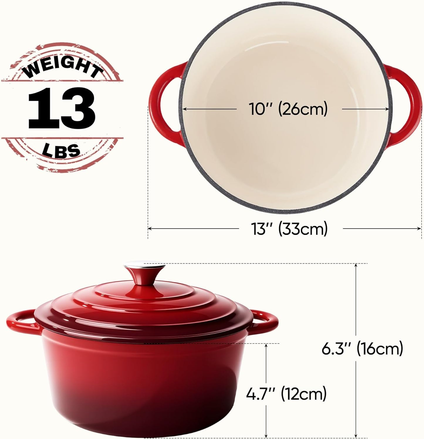 6 Quart Dutch Oven Pot with Lid, Non Stick Enameled Cast Iron Dutch Oven for Bread Baking, Heavy-Duty, Oven Safe Ceramic Cookware Up to 500°F for Baking, Braising, Stews, Roasting, Red