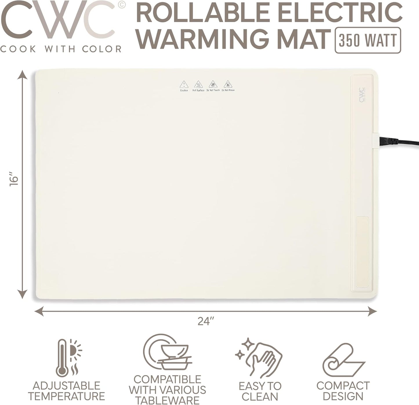 COOK WITH COLOR 350W Electric Food Warming Mat - Portable Food Warmer Tray with Adjustable Temperature, Fast 60-Second Heating, Auto Shut-Off, Rollable Silicone Pad for Parties & Everyday Use, Cream