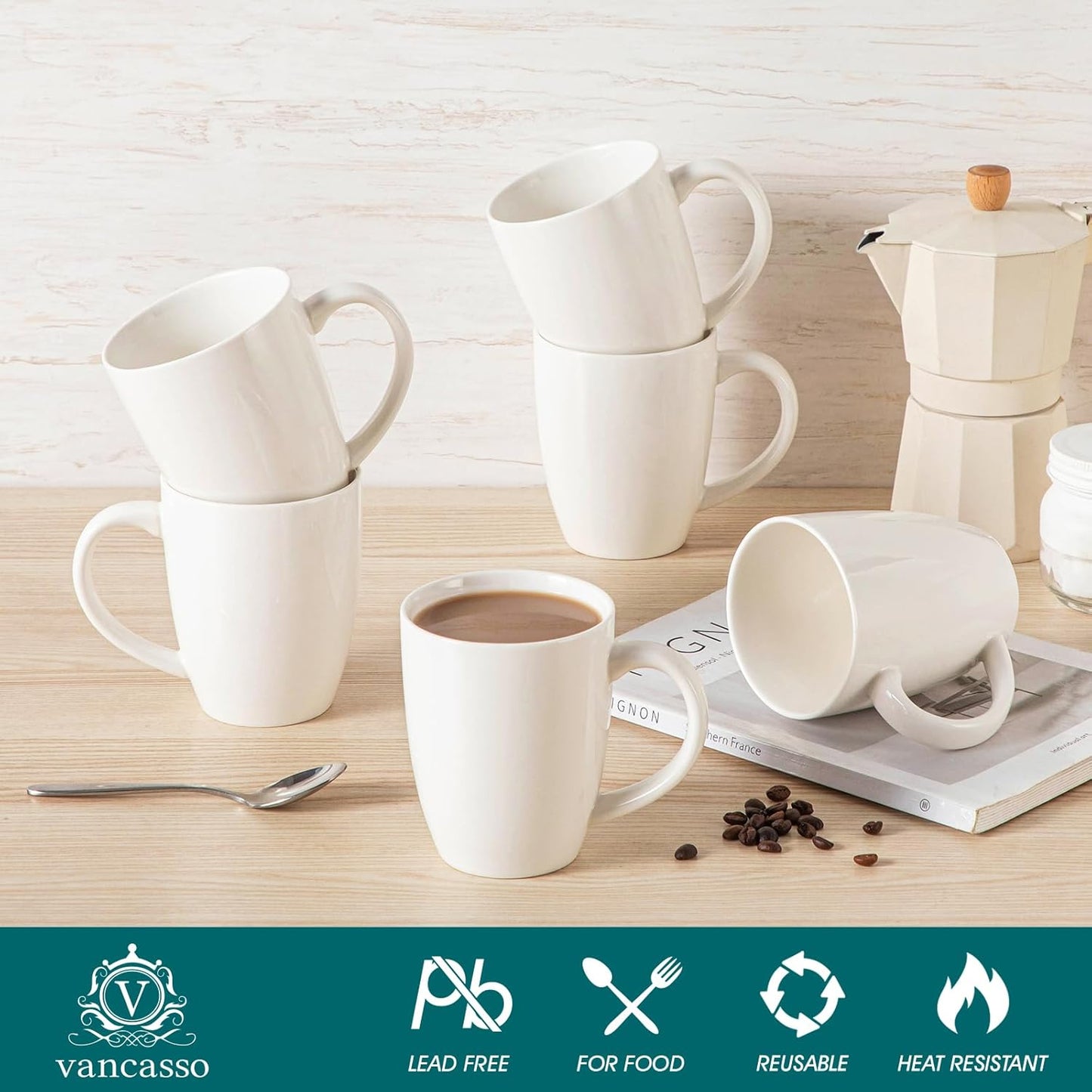 vancasso White Ceramic Coffee Mug Set of 6, 16 Oz Tea Cups with Handle for Latte, Tea, Cappuccino, Milk, Cocoa, Microwave&Dishwasher Safe