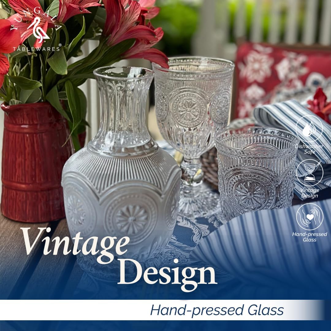 Clear Vintage Small Drinking Glasses set of 6 8oz glass cups with a unique footed design and pressed glass design