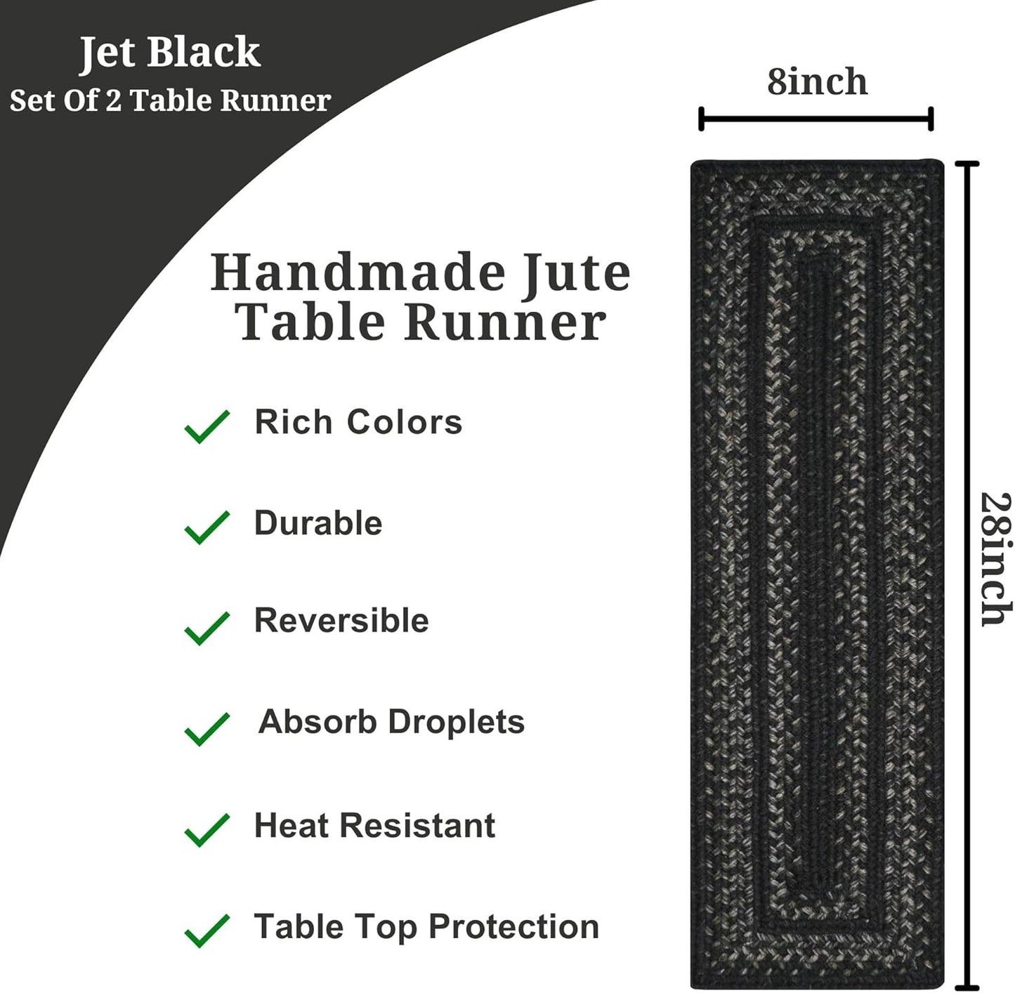 Homespice Jet Black Jute Braided Short Table Runner, Warm Primitive Decor, Set of 2, Rectangle 8x28 - Rich Colors, Easy to Clean, Durable and Protects Furniture