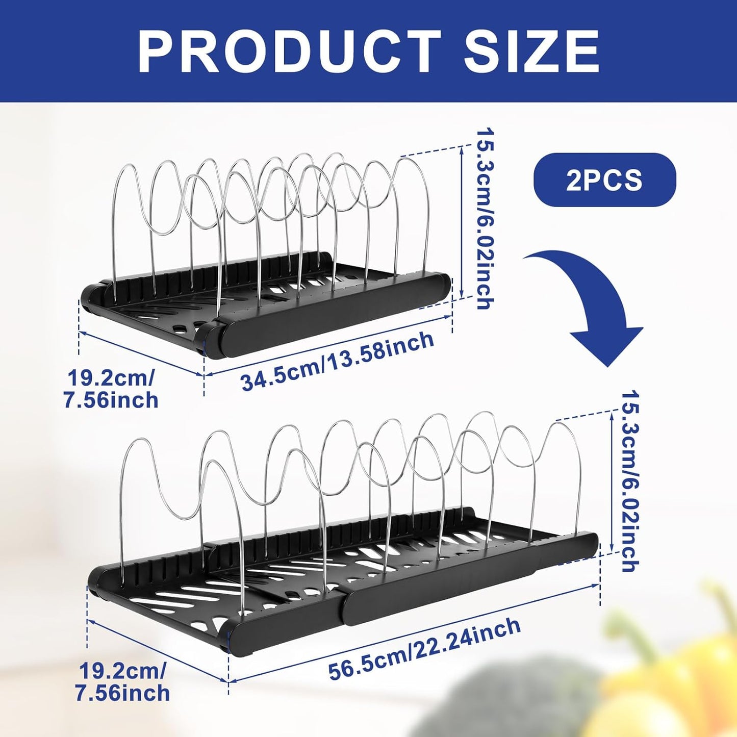 2Pack Pot and Pan Organizers Rack Multipurpose Anti Slip Pot Lid Holder Space Saving Cookware Baking Frying Rack Adjustable Cookware Baking Storage Holder for Kitchens (Black-2Pcs)