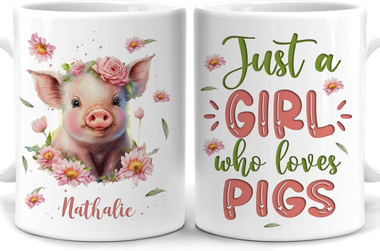 Hyturtle Personalized Gifts Pig Lover - Just A Girl Who Loves Pigs Custom Name Ceramic Coffee Mug Cup 11oz - Idea Cute Farm Animal Lover Gifts For Women, Girl Daughter On Birthday, Christmas