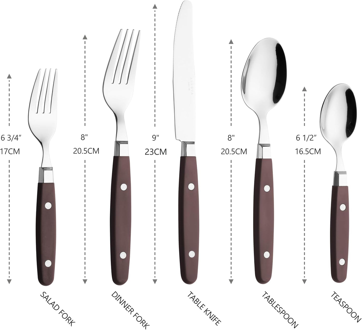 ANNOVA Silverware Set, Retro/Rivet Colorful Stainless Steel Tableware Kitchen Flatware Set Utensils, Includes Dinner Knives, Forks, Spoons, Salad Forks & Dessert Spoons (Chocolate Brown, 20 Pieces)