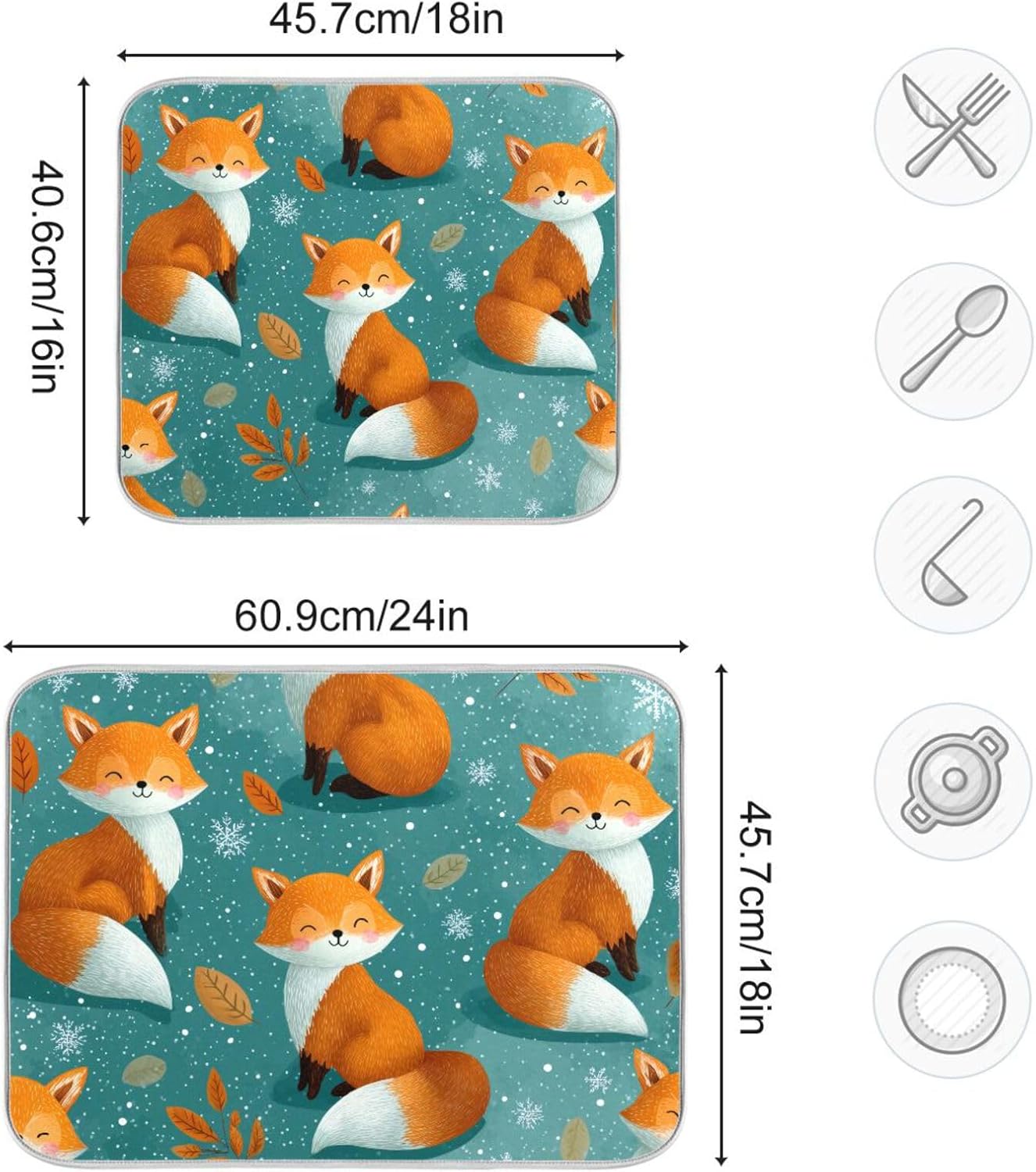 Cute Foxes Snow Pattern Dish Drying Mat for Kitchen Counter Super Absorbent Dishes Pad Reversible Microfiber Protector Dish Draining Mats 18x24 inch