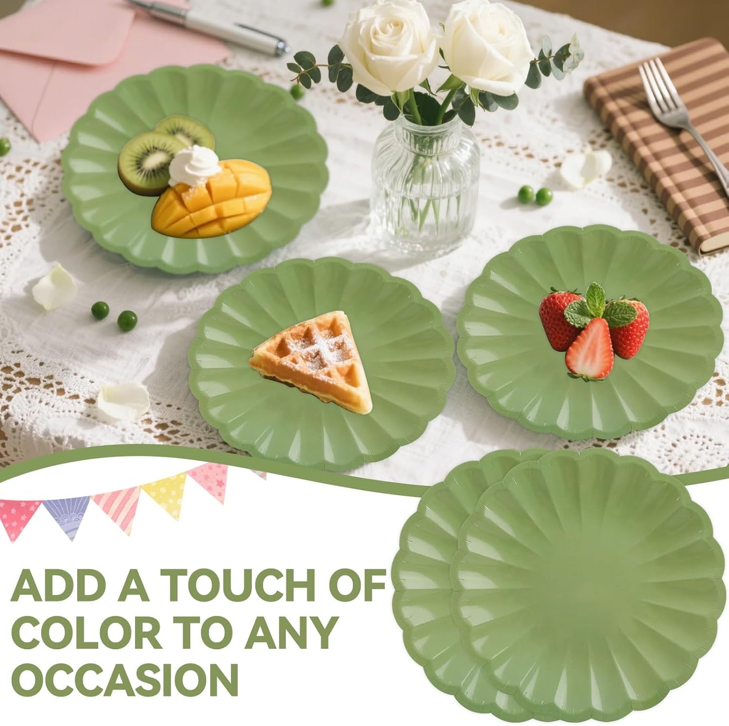 50Pcs Large Scalloped Sage Green Paper Plates 9Inch Shell Edge Dinner Plates for Cake Salad Fruit Disposable Dinner Serving Plates for Birthday Wedding Baby Shower Party Decorations