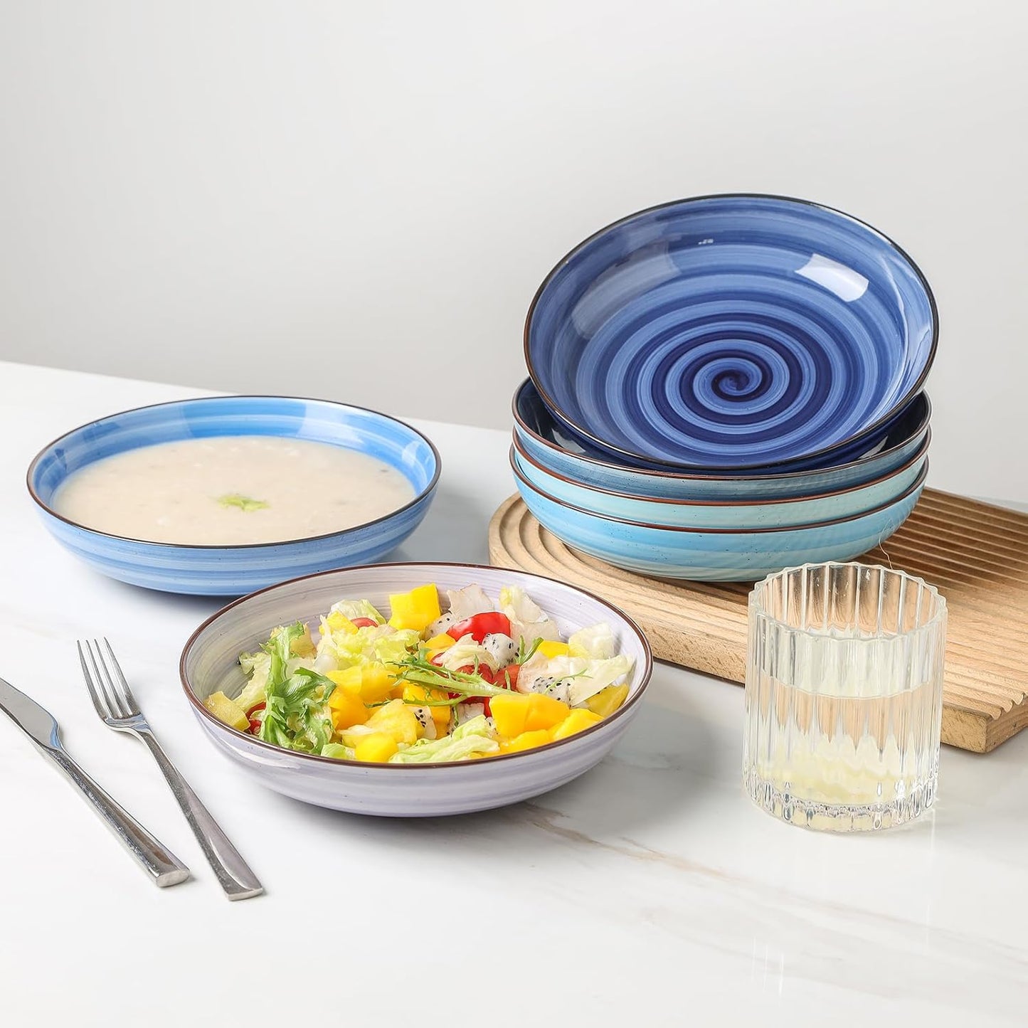 KitchenTour Large Pasta Bowls 34 oz, Ceramic Salad Serving Bowls Set of 6, 8.6 Inch Wide and Shallow for Soup- Dishwasher and Microwave Safe, Assorted Cool Colors