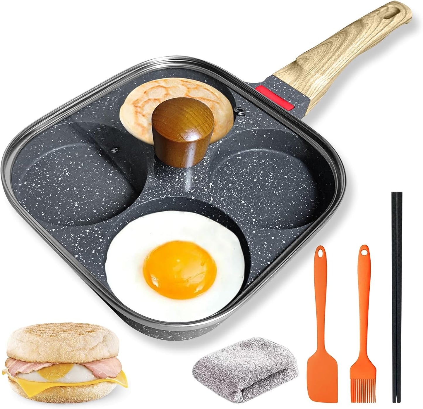 4‑Cup Nonstick Egg Pan Set with Lid – Aluminum Omelette Skillet for Breakfast, Includes Silicone Scraper, Oil Brush, Chopsticks & Cleaning Cloth – Compatible with Gas & Induction Cooktops