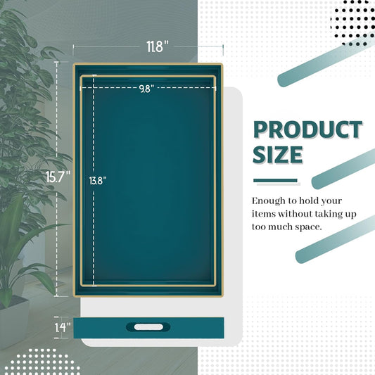 MAONAME Green Serving Tray Set of 2, Plastic Decorative Tray with Handles, Rectangular Coffee Table Trays for Ottoman, Nesting Trays for Living Room, Bedroom