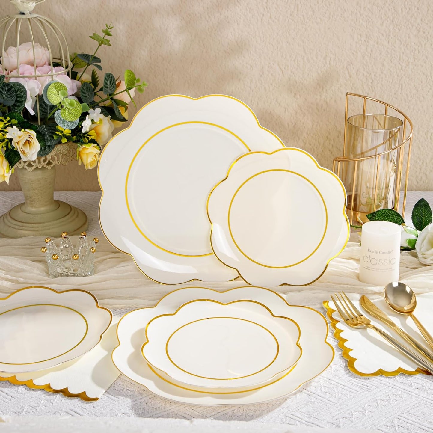 WONDERFUL 350PCS Ivory Plastic Plates for Party Plates Disposable Heavy Duty Ivory Gold Plastic Dinnerware Set for 50 Guests - 100 Disposable Plate,150 Silverware,50 Cup,50 Wedding Napkins for Wedding