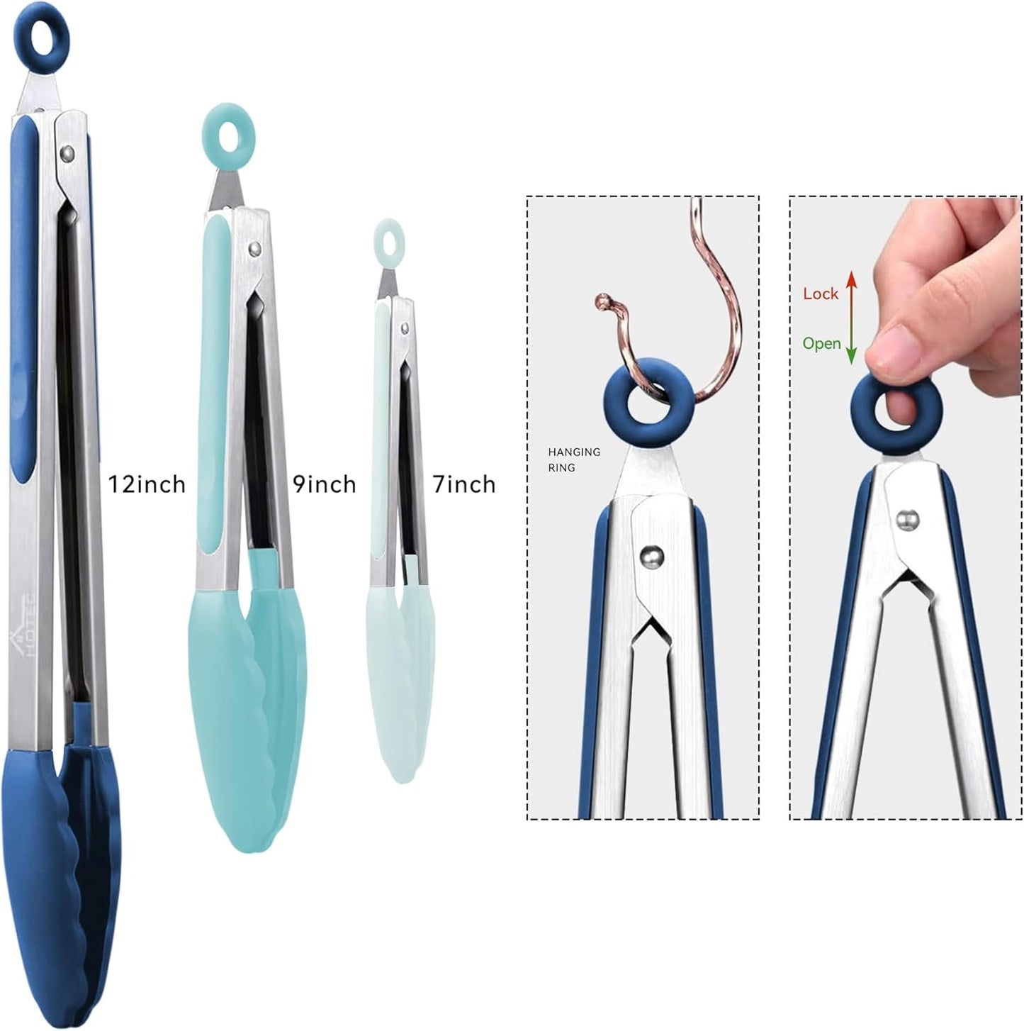 HOTEC Premium Stainless Steel Locking Kitchen Tongs with Silicon Tips, Set of 3-7", 9" and 12" (Gradient Blue)