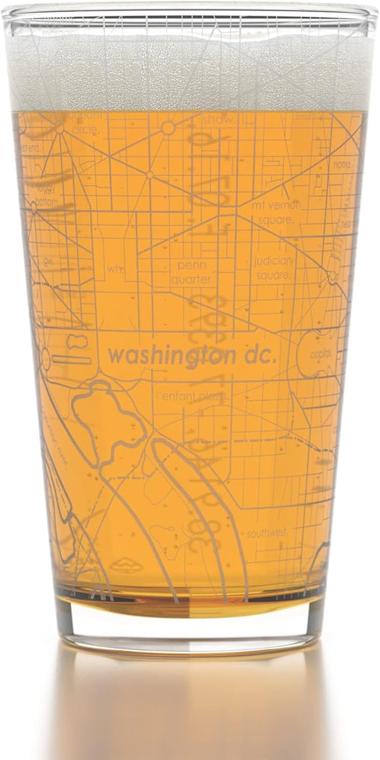 Well Told Engraved Washington DC Map Pint Glass, Etched Beer Gift (16 oz, Clear) City Map Pint, Custom City Glassware, Gifts For Beer Lovers