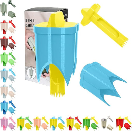 Pepper Corer, 2 in 1 Red Bell Pepper Seed Corer Remover Tool, Fruit & Vegetable Corers Quick Cave Tools for Jalapeno Cutter Deseeder, Yellow Blue