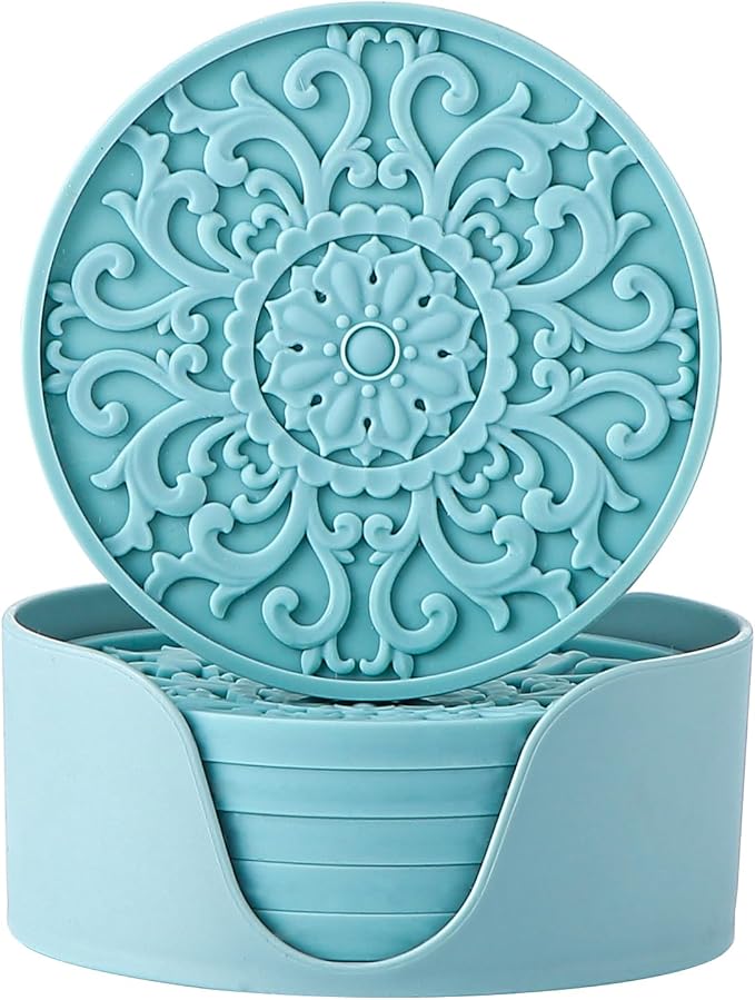 Colinda Silicone Coasters - Set of 6 with Holder, Non-Slip Cup Mats for Hot and Cold Drinks, Decorative Designs, Gift Ready Packaging,Turquoise