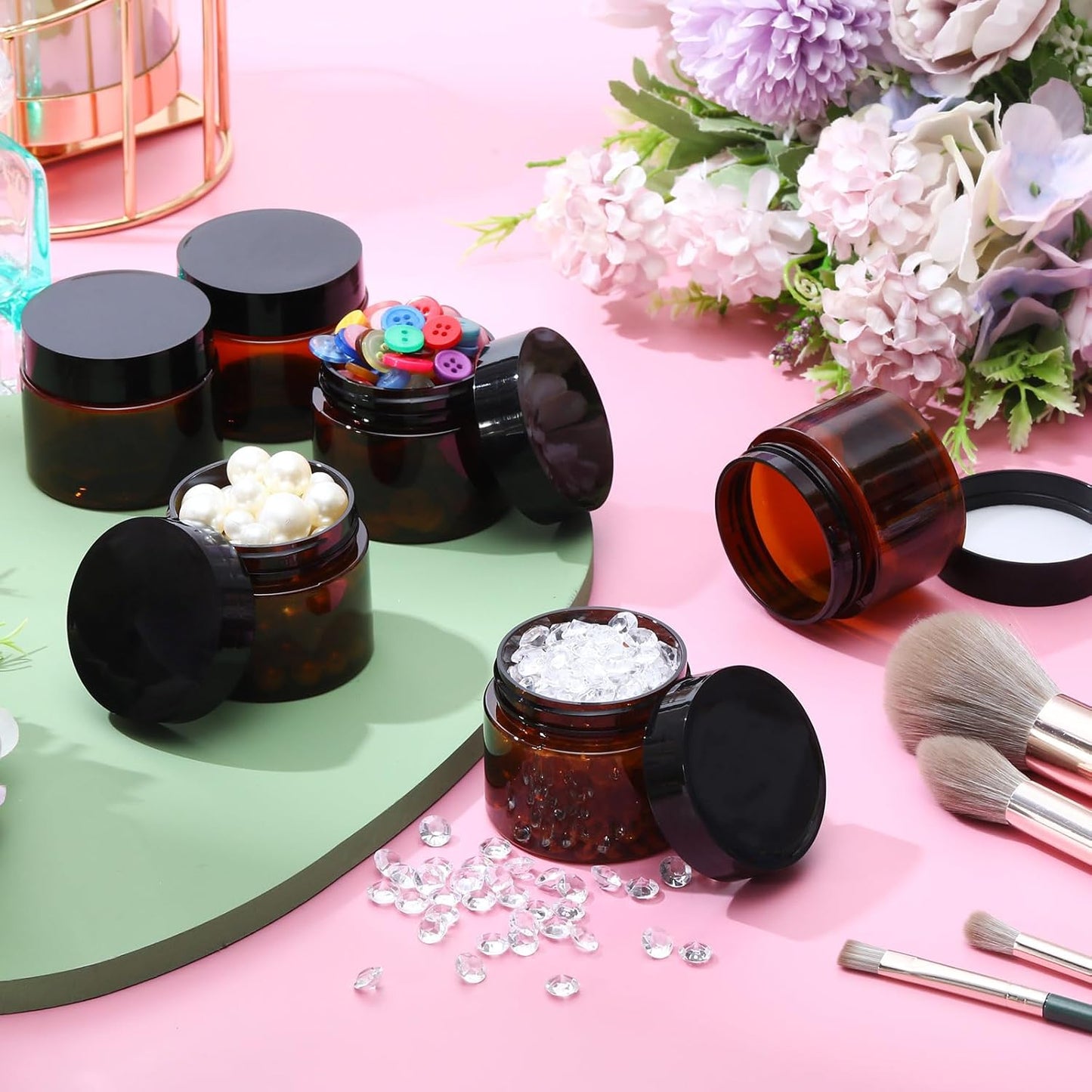 SATINIOR 6 Pack 2 oz Plastic Jars Containers with Lids Wide-mouth Refillable Leakproof Reusable Round Empty Jars for Travel Cosmetic Dry Food Spice Candy Cookie Home Kitchen Organizing(Amber)