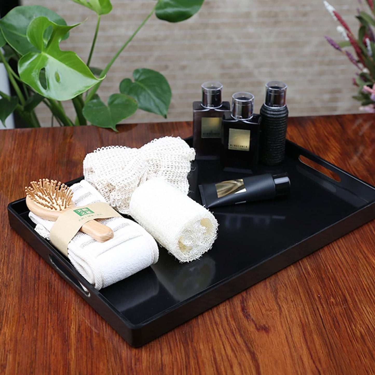 Serving Tray with Handles-10x15Inch Black Melamine Modern Serving Platters,Serving Wine,Coffee,Breakfast/Kitchen Countertop Tray/Makeup Drawer Organizer/Vanity Table Tray/Decorative Tray