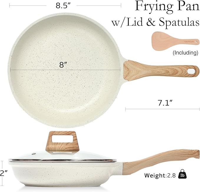 ESLITE LIFE Nonstick Ceramic Frying Pan Skillet with Lid, Non-Toxic Egg Omelette Kitchen Cooking Pans Compatible with All Stovetops (Gas, Electric & Induction), PTFE & PFOA Free (White, 8" w/Lid)