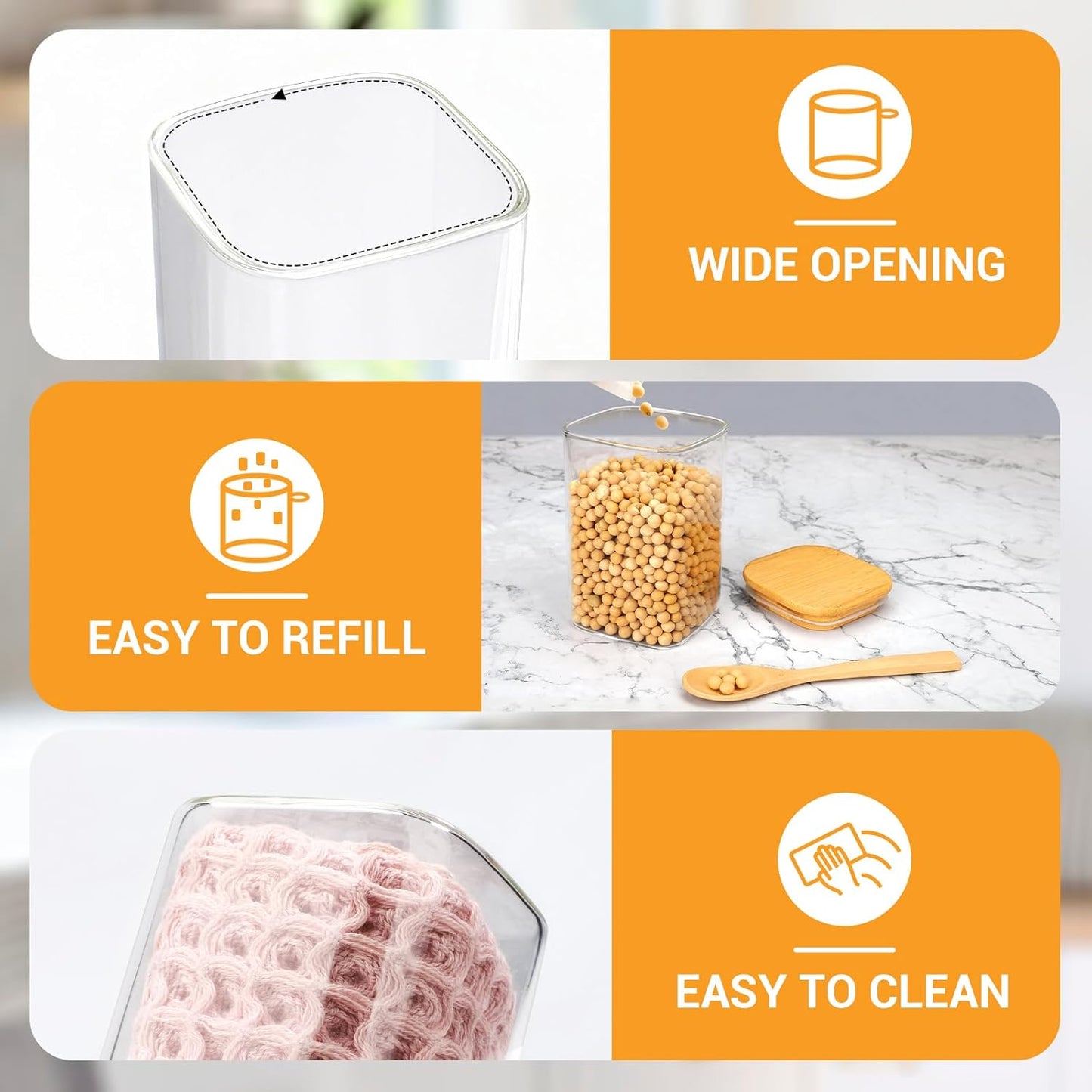 Glass Storage Jars with Lids, 19 Fl.oz Square Glass Jars with Bamboo Lids Set of 4, Clear Sugar Coffee Container Kitchen Canister for Tea, Candy, Flour,Nuts - Included Labels, Marker and Spoon