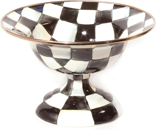 MACKENZIE-CHILDS Enamel Compote, Cute Enamel Pedestal Serving Dish or Decorative Bowl, Small, Black-and-White Courtly Check