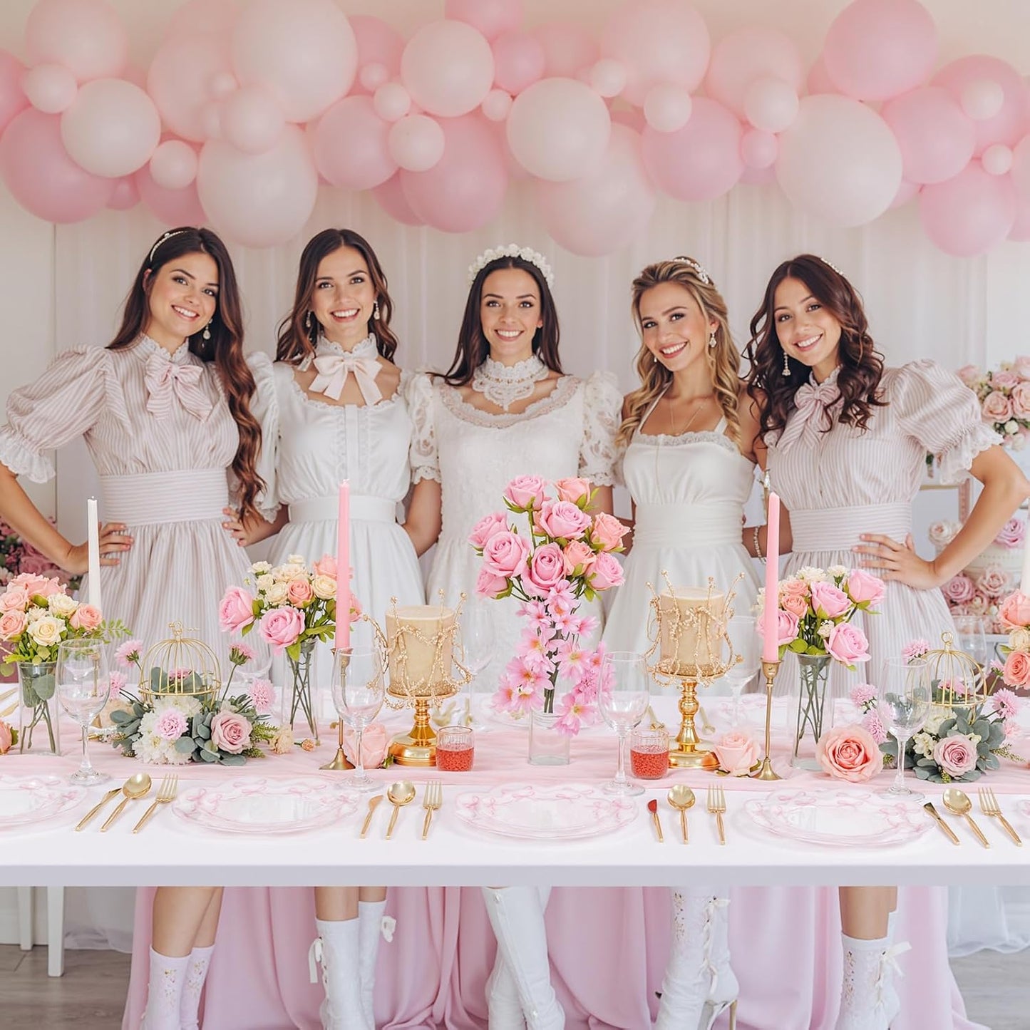 LIYH 60 Pcs Pink Plastic Plates for Party Bow Plates - Pink Porcelain Scalloped Plastic Plate Disposable Heavy Duty for Wedding Bridal Shower Floral Dinnerware Set - 10.25" Dinner & 7.5" Dessert Plate