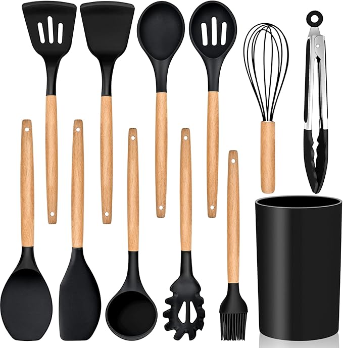 Kitchen Utensils Set of 12, E-far Silicone Cooking Utensils with Holder, Non-stick Cookware Friendly & Heat Resistant, Includes Spatula Tong Whisk Ladle Brush Slotted Turner Spoon(Black)