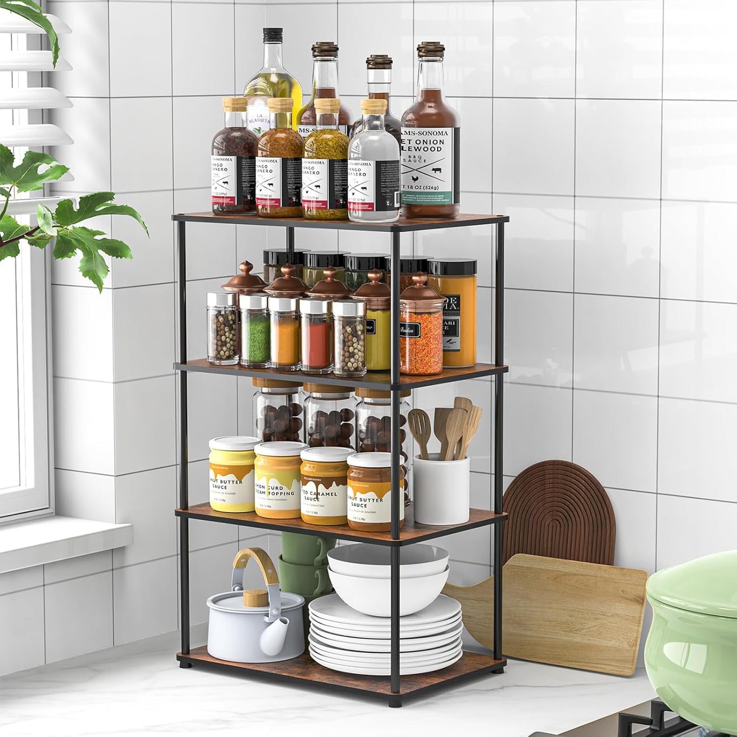 Countertop Spice Rack, Stackable Wood & Metal Pantry Cabinet Shelf Organizer Storage, 4-Tier or Split into 2×2-Tier, Multi-Use for Kitchen Bathroom Desktop Home Office, Rustic Brown