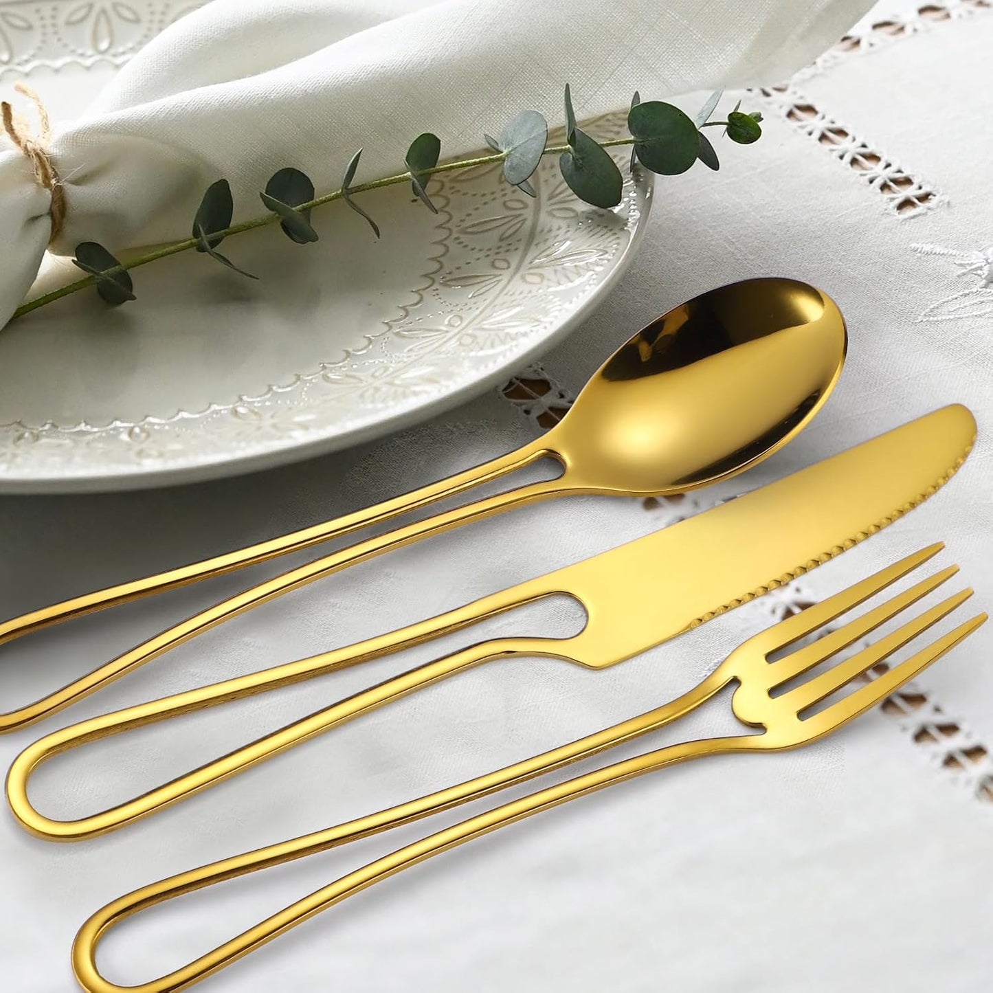 Gold Silverware Hollow 20 Piece Flatware Set For 4 Kitchen Cutlery Stainless Steel Forks Spoons and Knives Unique Utensils Party Festival Restaurant Durable