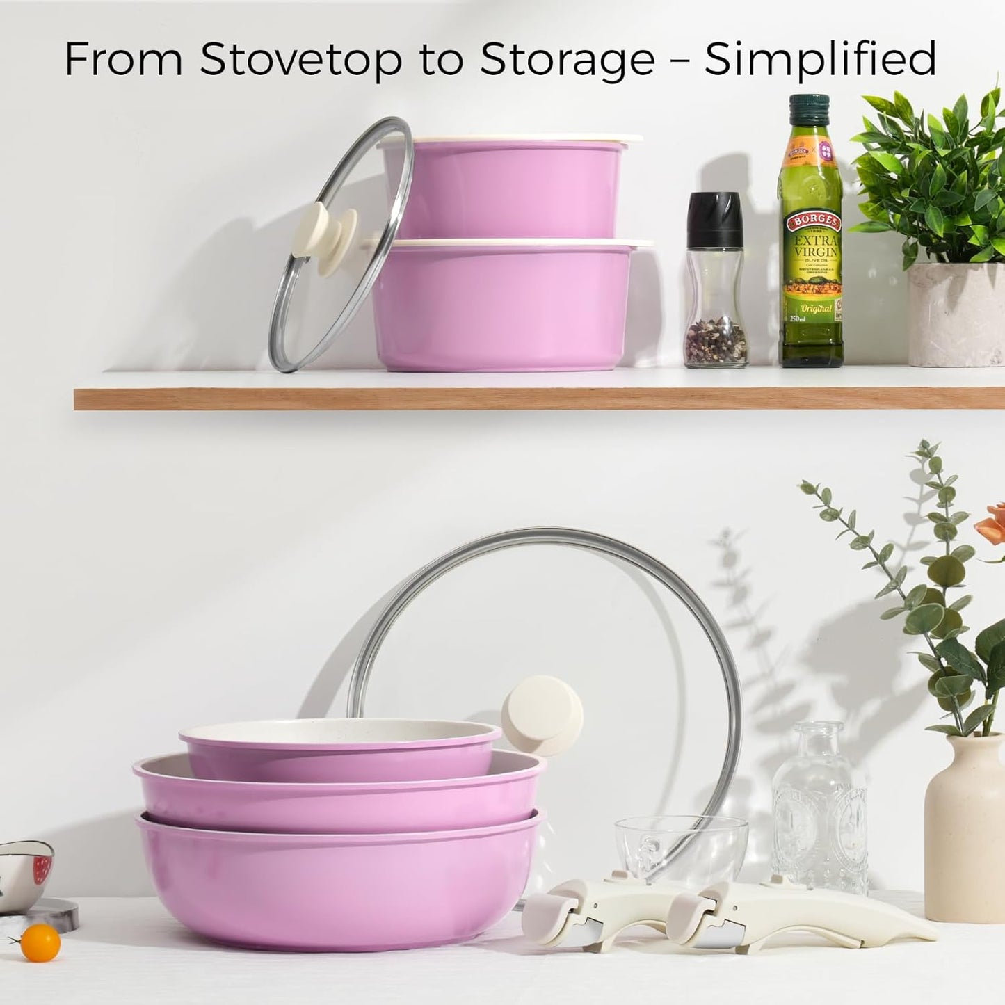 15Pcs Pots and Pans Set Non Stick, Cookware Sets with Detachable Handle, Nonstick RV Kitchen Cooking Tools Removable Handles, Oven Safe, Induction Fast, Stackable Induction Cookware, Pink