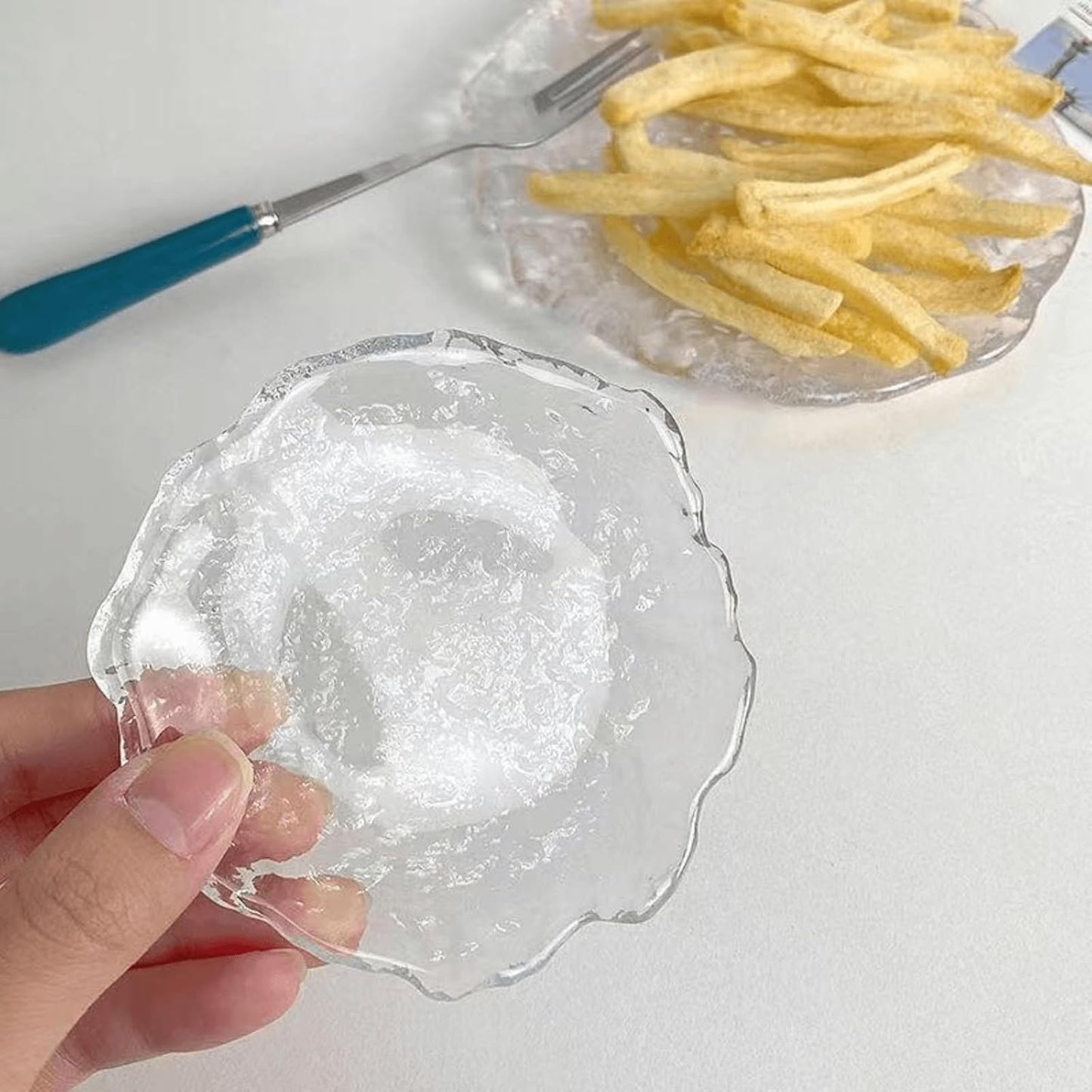 Colorful Glass Dessert Plates, Crystal Clear Snack Fruit Candy Cake Plate, Irregularity Shape Plates for Appetizer, Ice Cream, Salad, Small Serving Dishes (clear, 5.7inch 2pcs)