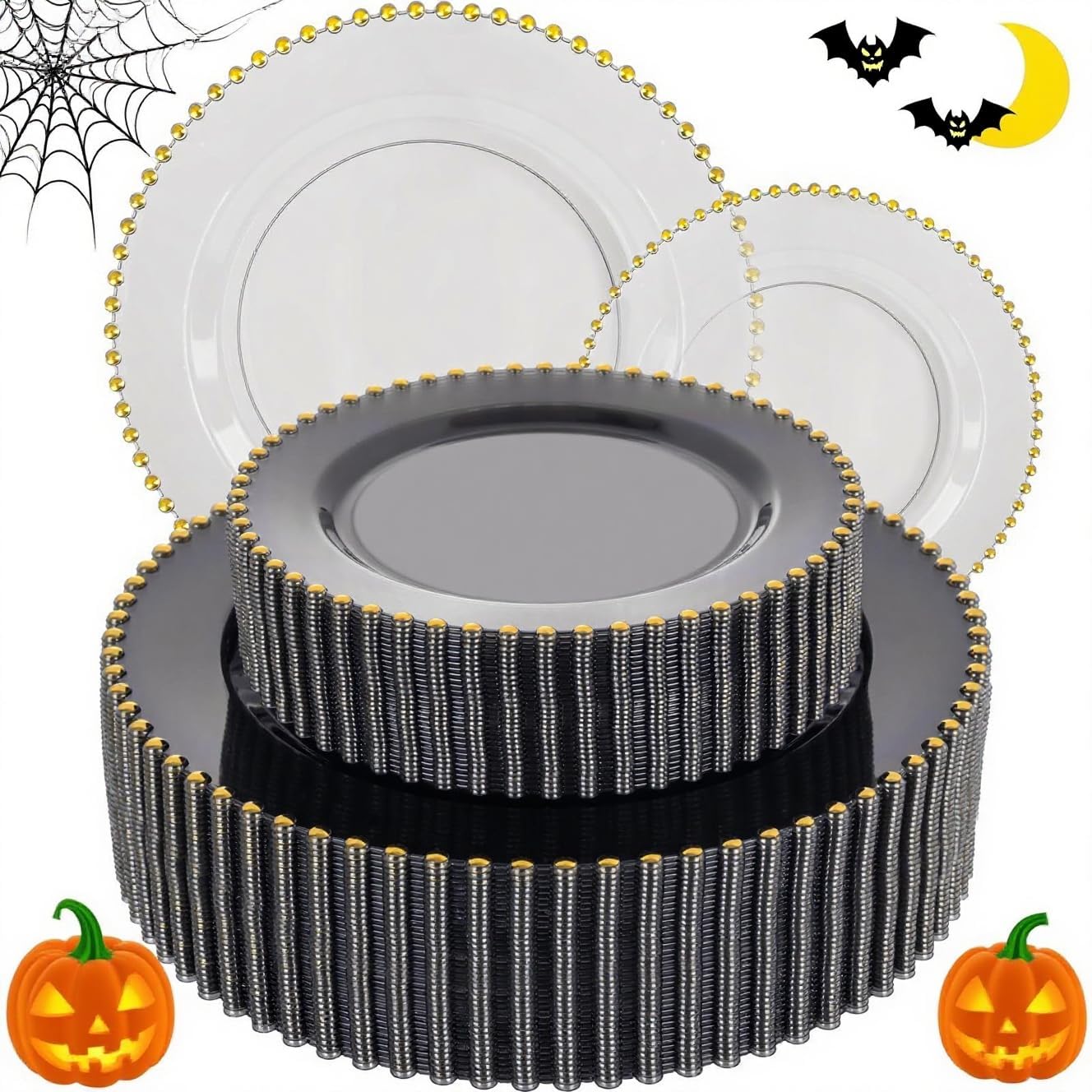 EI 60pcs Black and Gold Plastic Plates Clear with Black Disposable Plates Heavy Duty Gold Plastic Dinnerware Set For 30 Guests Perfect Wedding,Party,Birthday,Anniversary,Halloween