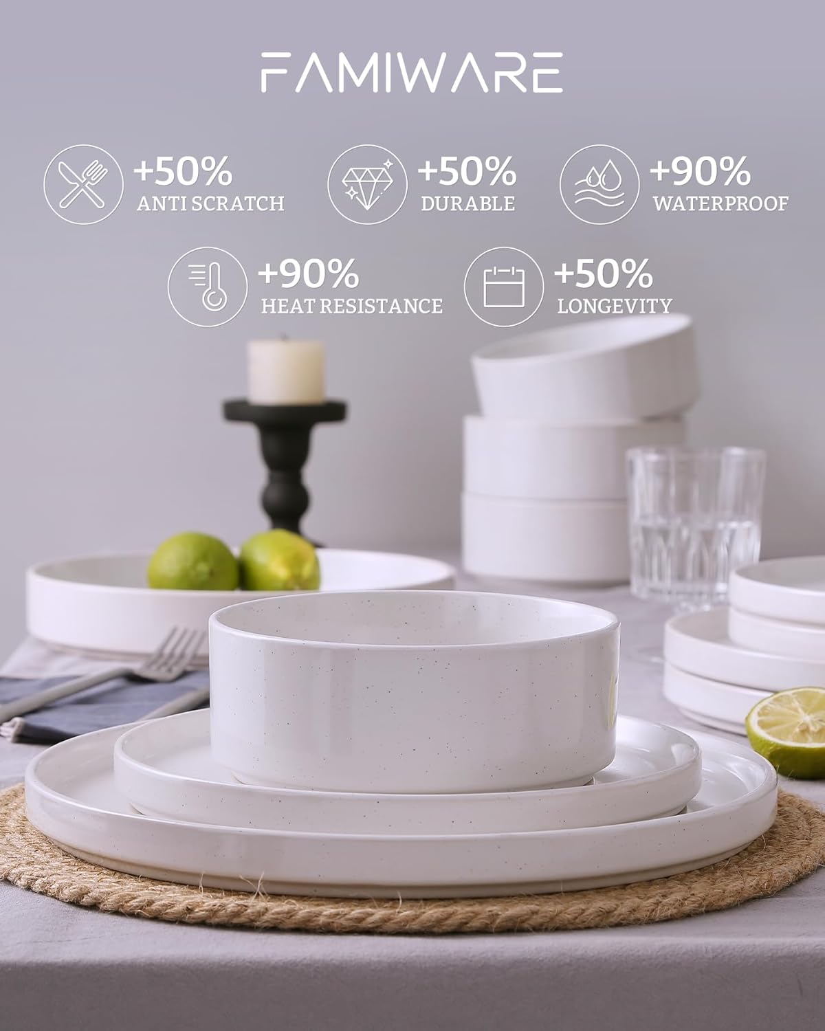 Famiware Nebula Plates and Bowls Set, 12 Pieces Dinnerware Sets, Dishes Set for 4, White with Colorful Speckles