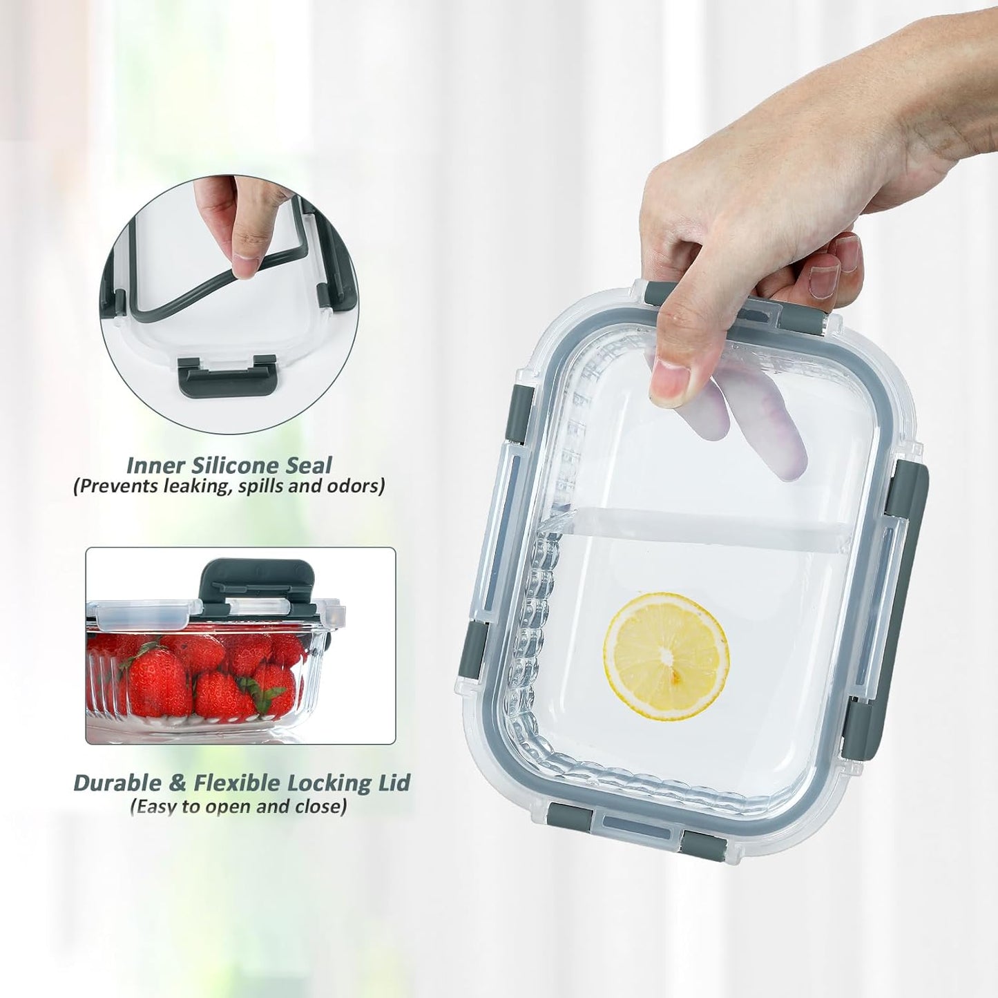 KOMUEE 10 Packs 22 oz Glass Meal Prep Containers, Glass Food Storage Containers with Lids, Airtight Glass Lunch Containers, Microwave, Oven, Freezer Safe, Gray