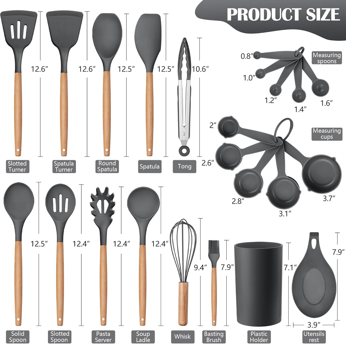 HaWare Kitchen Cooking Utensils Set, 23-Piece Silicone Kitchen Utensils Spatula Set with Holder, Heat Resistant Wooden Handle Kitchen Gadget for Nonstick Cookware, Food-grade Turner Spoon Sets (Grey)