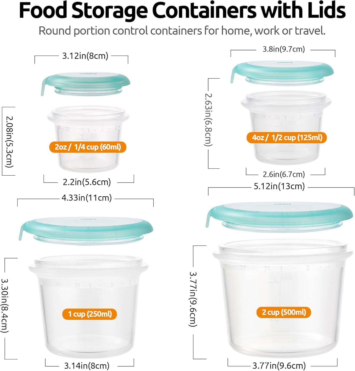 U-Taste Silicone Food Storage Containers Set: Meal Prep Box with Airtight Lid, Freezer & Microwave Safe, Date Marking Circle, Clear cup/oz/ml Measurement for Dry & Wet Deli -2oz/4oz/8oz/16oz, Aqua Sky