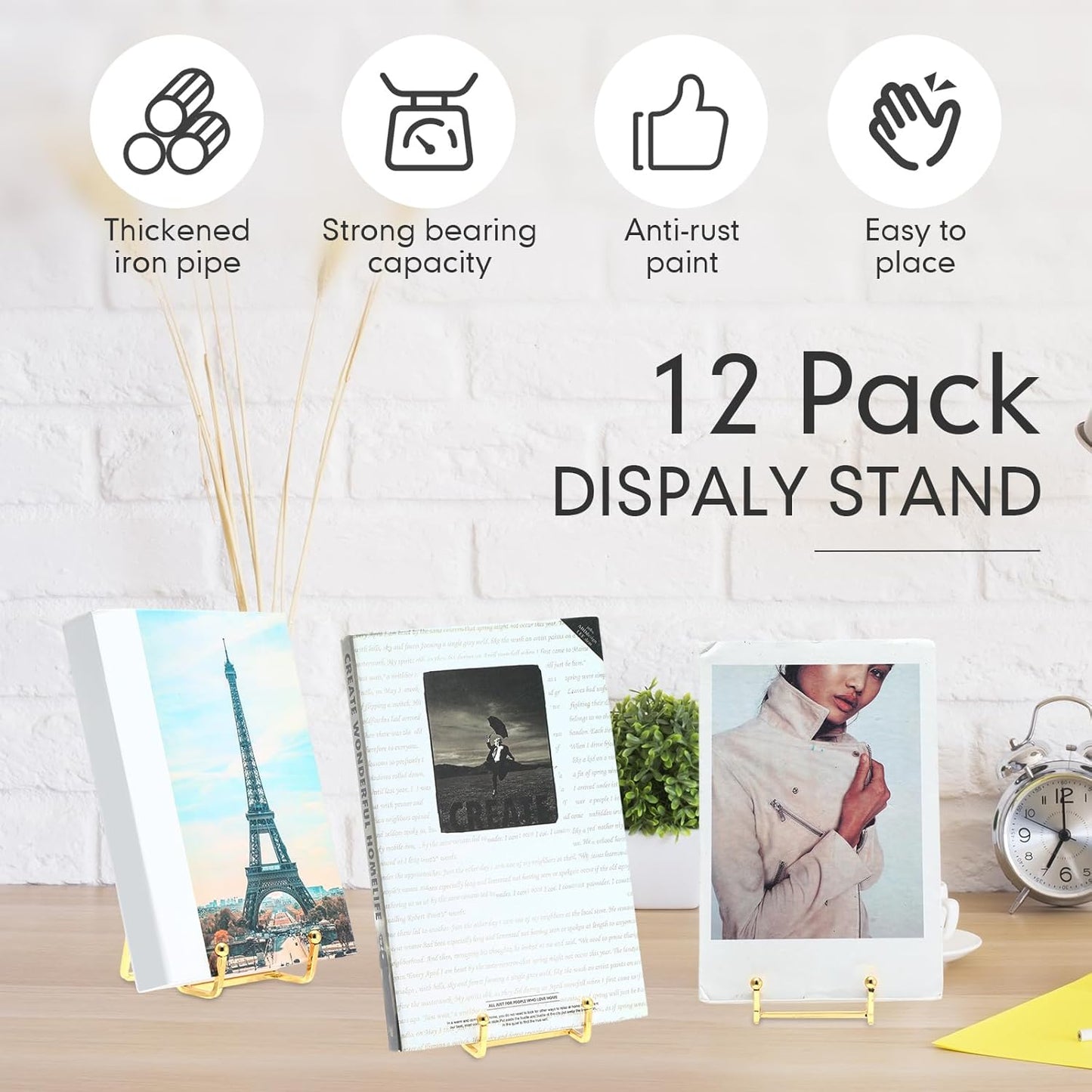 Kenning 12 Pieces Gold Plate Holder Easel Display Stand Metal Book Display Stand Tabletop Picture Frame Holder Photo Square Iron Easel Decorative for Kitchen Office Room Tabletop(3 Sizes)