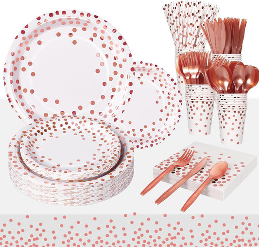 Paper Plates and Napkins Set, 193 Pieces Rose Gold Party Supplies Includes Paper Plates Cups Napkins Straws and Cutlery for Birthday Wedding Holidays Parties Decorations-24 Guests