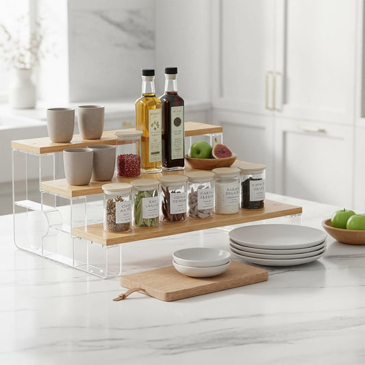 junyuan Spice Rack,3 Tier Spice Organization for Cabinet,Seasoning Organizer,Kitchen Counter Shelf,Bamboo Tiered Display Stand,Clear Extended Width 14"