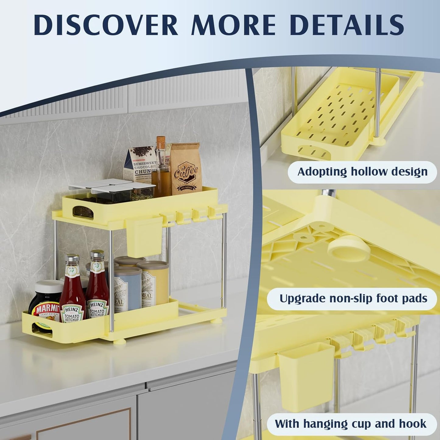 2 Pack Under Sink Organizers and Storage, Height Adjustable Bathroom Cabinet Organizer, 2 Tier Under Sink Organizer with Hooks, Under Cabinet Organizer for Kitchen Bathroom (Yellow
