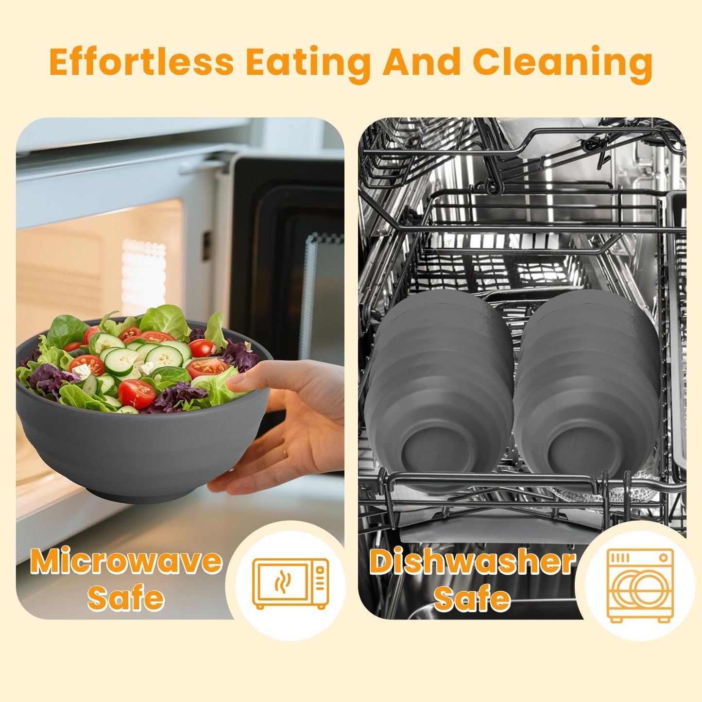 Homienly Wheat Straw Bowl Set, 60 OZ Unbreakable Lightweight Salad Bowls Set of 8, Bowls for Serving, Soup, Cereal, Dinner, Ramen, Microwave and Dishwasher Big Bowl for Kitchen, Camping(Grey, 60 OZ)