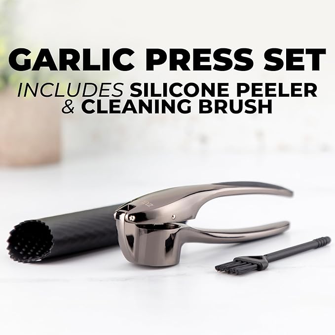 Zulay Kitchen Large Premium Garlic Press Set – Rust Proof & Dishwasher Safe, Bigger Bowl Garlic Mincer Tool with Silicone Garlic Peeler & Brush, Easy Squeeze & Clean, Ergonomic Handle - Dark Gray