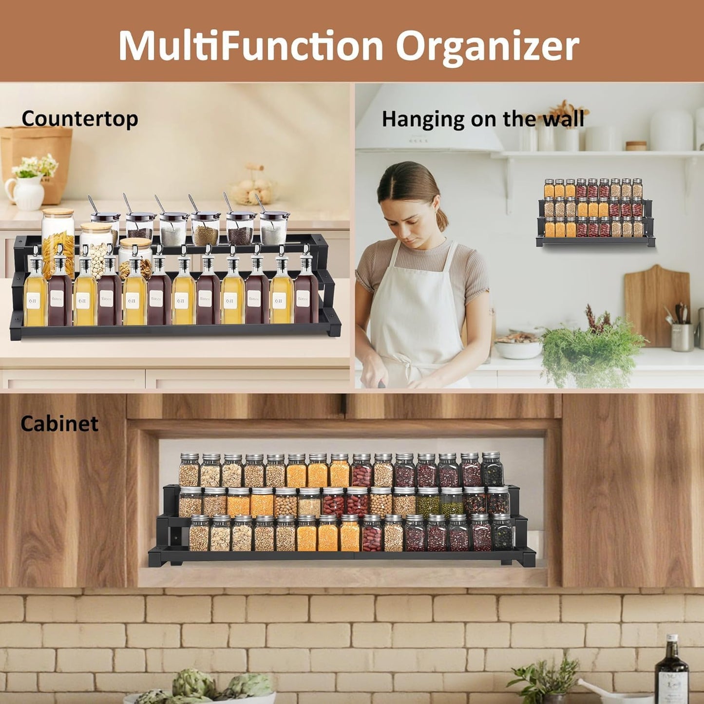 GOENDR Expandable Spice Rack Organizer for Cabinet, 3 Tier Metal Spice Organization,16"-29.5" Wide Adjustable Seasoning Organizer, Display Shelf, Canned Goods Organizer for Pantry Kitchen Countertop