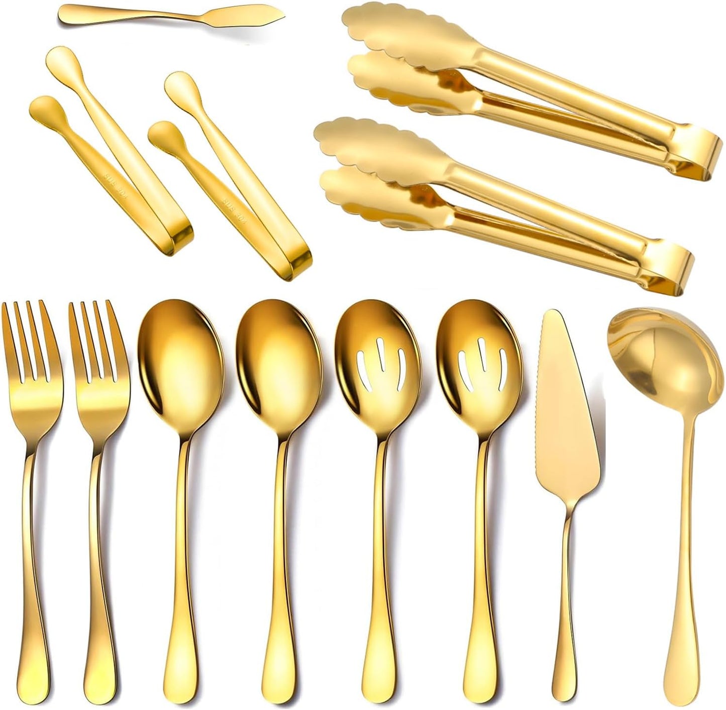13 Piece Gold Large Serving Utensils, Stainless Steel Include Serving Spoons, Slotted Spoons, Forks, Serving Tongs, Soup Ladle, Pie Cake Server, Appetizers Tongs. Ideal for Buffets/Parties/Wedding