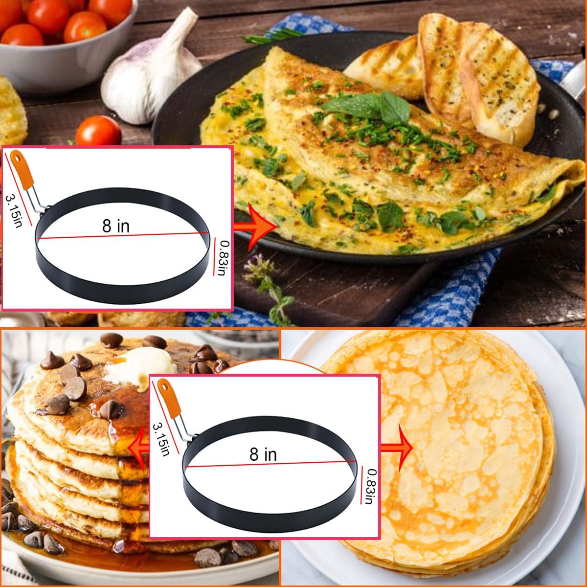 Large 2 Packs 8" Omelette Ring for Griddle,Stainless Steel 8 Inch Griddle Omelet Rings,Non-Stick Pancake Egg Ring Round Omelette Rings Omelet Mold Muffin Mold Silicone Handle
