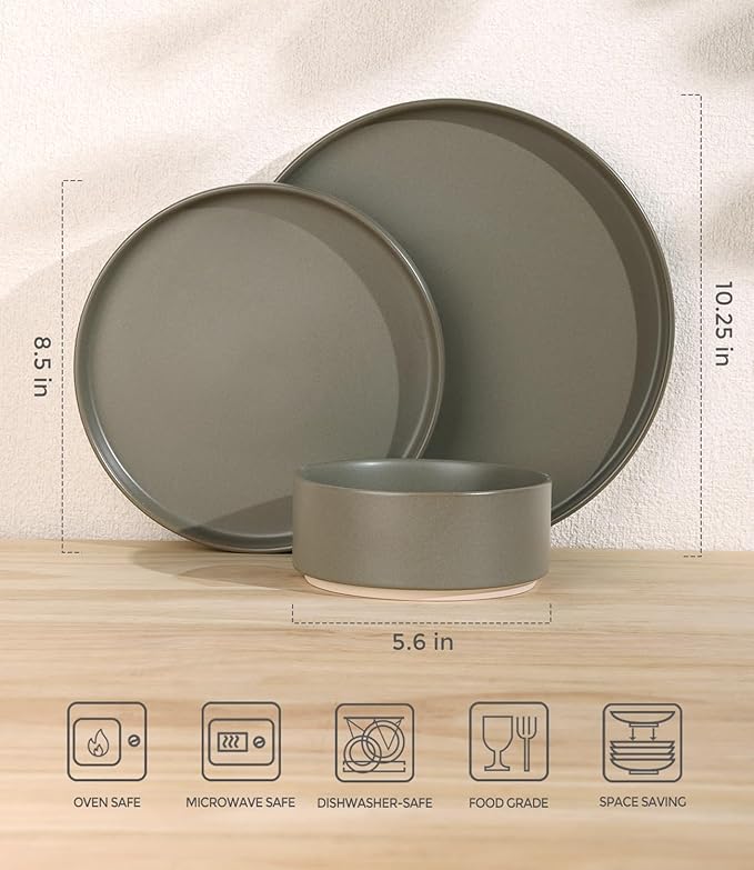 TheTerra Ceramic Dinnerware Sets for 6, 18 Pieces Handmade Reactive Glaze Plates and Bowls Set, Scratch Resistant Dish Set, Oven & Microwave & Dishwasher Safe, Matte Green